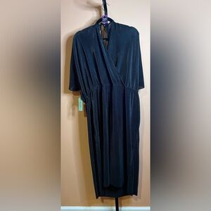 Elegant Black Wrap Dress with V-Neck and Dolman Sleeves